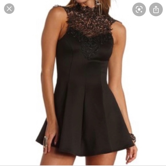 BLACK LACE HIGH NECK SKATER DRESS - Picture 1 of 4